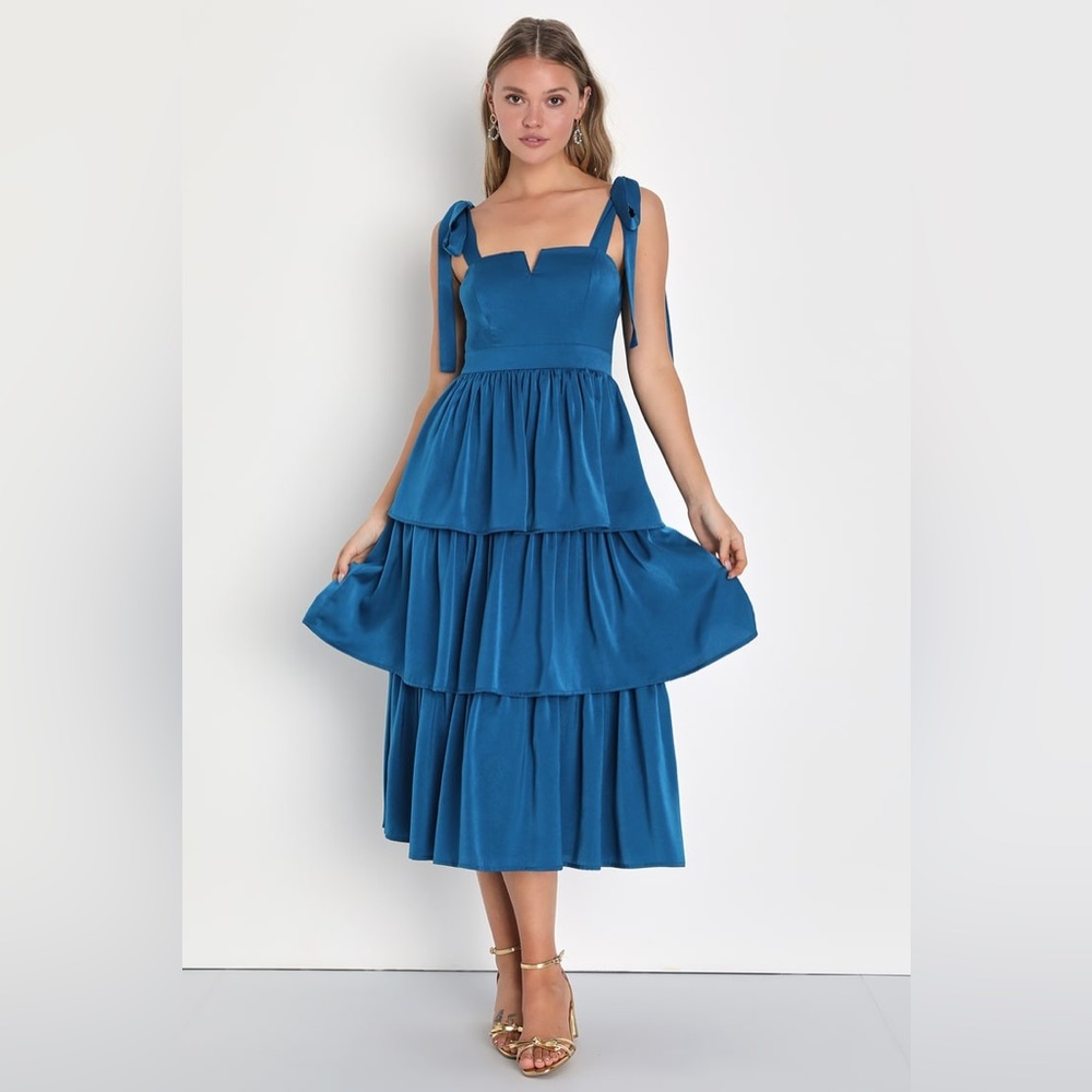 Lulu’s Essential Romance Teal Blue Satin Tie-Strap Tiered Midi Dress